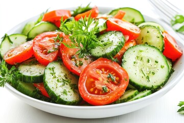 Salad with tomatoes and cucumbers, white background. AI generated illustration.