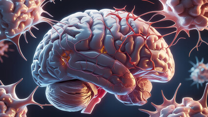 Detailed illustration of a human brain showing the progressive development of Alzheimer's disease. Suitable for medical, scientific and conceptual projects related to the mind