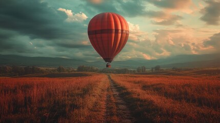 Obraz premium Red hot air balloon floats over a scenic landscape at sunset