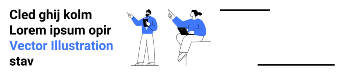 Two individuals interacting, one holding a tablet and the other on a laptop, with minimal elements. Ideal for teamwork, productivity, technology, digital tools, communication, consulting simple