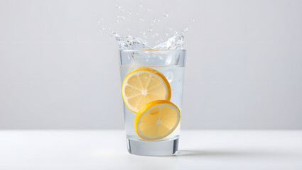 Refreshing Lemon Water Slices Diving into a Glass of Cold Sparkling Water