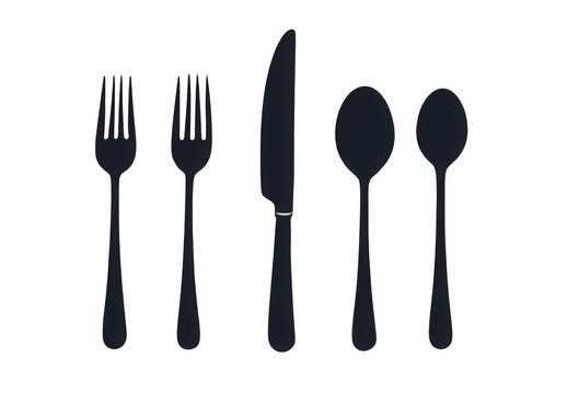 Minimalist flatware set: Two forks a knife a tablespoon and a teaspoon in sleek black