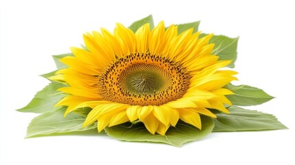 Obraz premium Vibrant Yellow Flower with Green Leaves Isolated on White Background Ideal for Nature and Bota