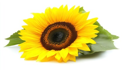 Obraz premium Vibrant Sunflower with Green Leaves Isolated on White Background for Nature and Floral Designs