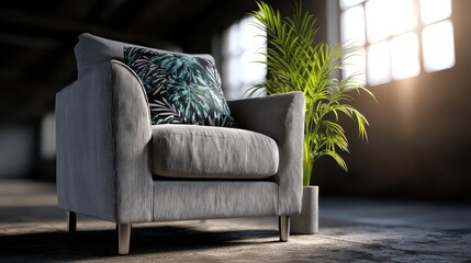 Modern armchair in a loft-style space.  A comfortable armchair with a light gray upholstered seat and a teal patterned throw pillow sits near a potted palm tree in a sunlit loft