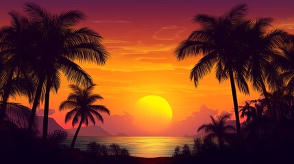 Obraz premium Stunning tropical sunset silhouette palm trees ocean view sky sea pink calm beach coast water image