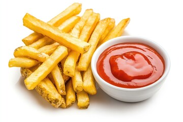 Sauce and fries, white background. AI generated illustration.