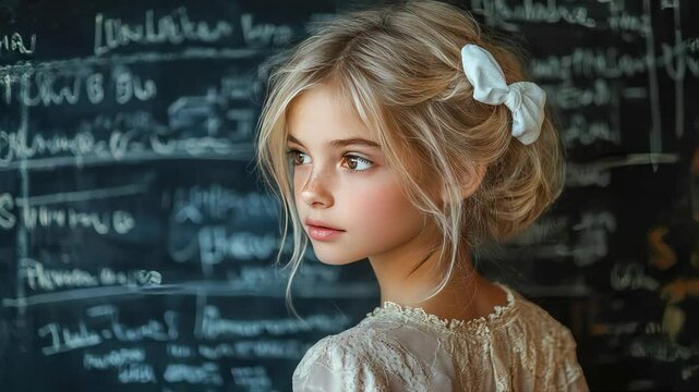 Side profile of a young girl with light hair tied back, looking thoughtfully in front of a blackboard with blurred writing