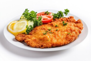 Schnitzel on a plate, white background. AI generated illustration.