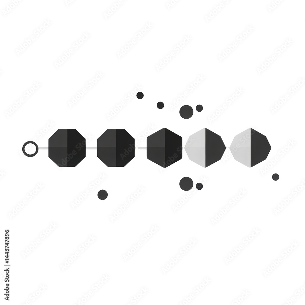 Poster monochromatic illustration: geometric shapes linked on a string with dark background