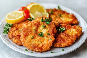 Schnitzel on a plate, white background. AI generated illustration.