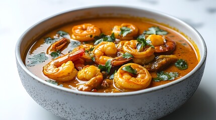 A delicious and aromatic bowl of creamy shrimp curry is garnished with fresh cilantro leaves ready to be enjoyed.