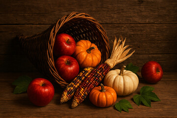 Autumn still life featuring apples, leaves, and harvest elements such as pumpkins and vegetables