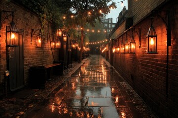 Narrow cobblestone alleyway in evening with vintage-style lanterns and illuminated light bulbs on string, reflecting in the rain.