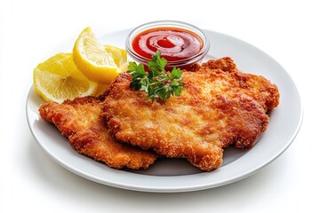 Schnitzel on a plate, white background. AI generated illustration.