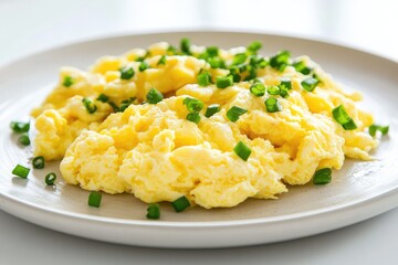 Scrambled eggs on a plate, white background. AI generated illustration.