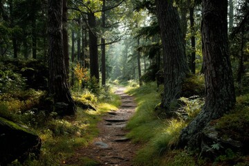 Woodland path beckons through a forest with tall trees and dappled sunlight, mossy rocks and ferns lining the ground.