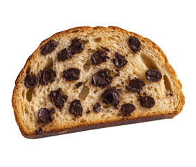 Slice of sweet bread dotted with chocolate chips golden brown crust delicious treat