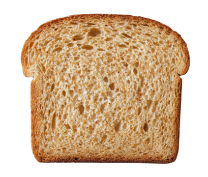 A slice of whole wheat bread with airy texture against a solid black background