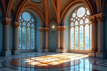 Majestic Fantasy Castle Hall Interior with Stained Glass Windows