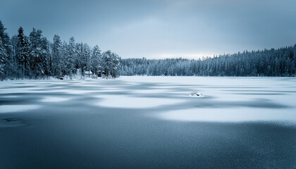 frozen lake in north finland in winter on a cloudy day moody landscape background
