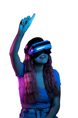 Latin woman with pink hair pointing with her finger at a virtual element, young Latin woman using MR headset