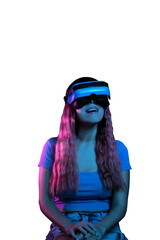 Pink-haired Latina woman amazed by what she sees in the metaverse