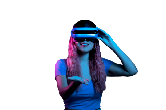 Pink-haired Latina woman amazed by what she sees in the metaverse.