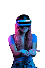 Pink-haired Latina woman amazed by what she sees in the metaverse.