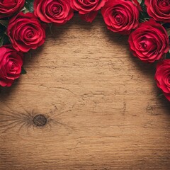 Frame of red roses on wooden background