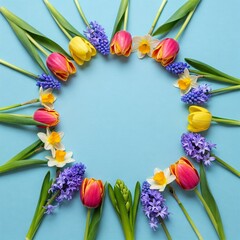 Frame of flowers on a light blue background
