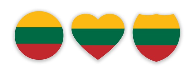 Lithuania national flag in a shape of circle, heart and shield isolated on white. Illustration