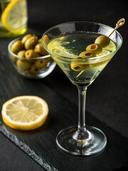 Glass of tasty martini with olives and lemon on dark background