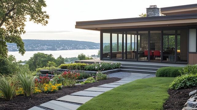 Modern home hillside garden path overlooking lake, sunset