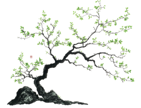 Elegant stylized tree with sprouting leaves reminiscent of East Asian art traditions - Powered by Adobe