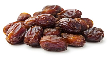 Obraz premium A close-up shot of a pile of delicious, ripe, dark brown Medjool dates isolated on a pure white background.