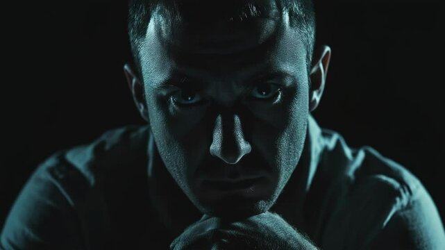 A person sitting alone in a dark room, thinking deeply