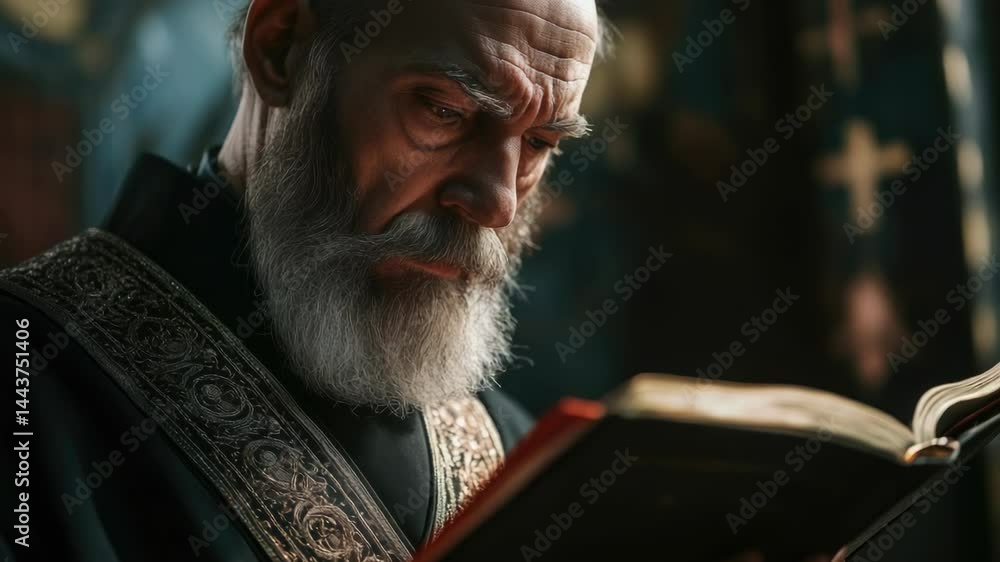 Poster a person with a beard sitting and reading a book