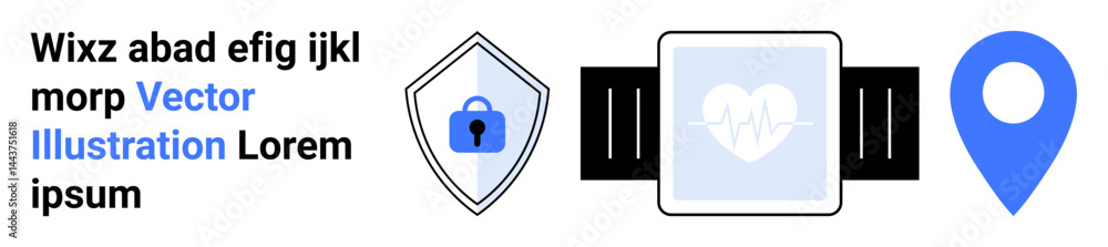Poster smartwatch displaying heart rate on screen, shield with lock for data protection, and location pin s