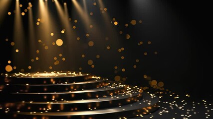 Glamorous award stage podium under spotlight, gold particles falling on dark background. Luxury presentation seamless loop.  - Powered by Adobe
