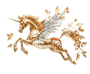 Golden winged unicorn leaping in a fantasy landscape isolated on transparent background