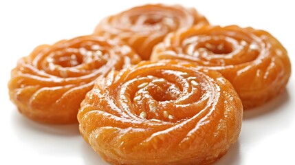 Fototapeta premium Four golden Jalebi sweets arranged on a white background showcase their intricate spiral design and glistening texture.