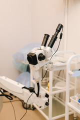 Colposcope for detail examination of disease. Gynecologist does colposcopy procedure to closely examine cervix, vagina and vulva of girl in gynecology clinic.