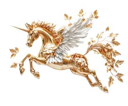 Golden winged unicorn leaping in a fantasy landscape isolated on transparent background