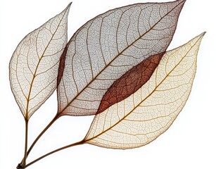 Delicate skeletal leaves in shades of gold and brown overlap, revealing intricate vein patterns against a bright background
