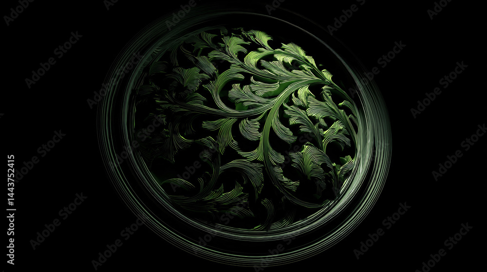 Poster round, graceful, openwork green pattern on a black background; classic design element. 3d rendering.