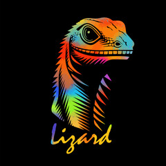 Fototapeta premium colored Lizard head on black background. hand drawing. Not AI, Vector illustration.