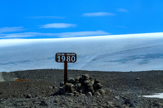 Sign showing how far the Langjokull glacier has receded since 1980, West Highlands, Iceland