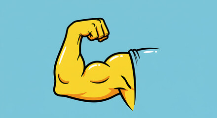 Cartoon flexing arm muscle showing strength and determination on blue background perfect for motivational fitness or health concepts