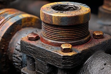 Close-up of Heavily Weathered Metal Components: Industrial Piping, Rusty Fasteners, and Corroded Metal Surfaces
